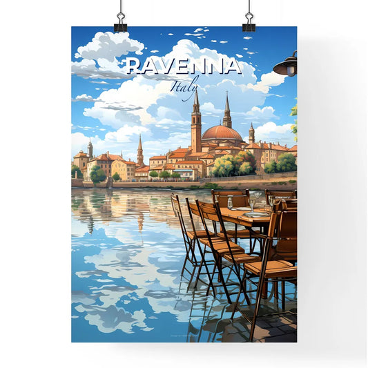 Ravenna, Italy, A Poster of a table and chairs by a lake Default Title
