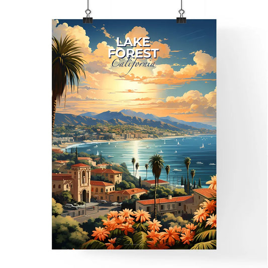 Lake Forest, California, A Poster of a landscape of a town with orange flowers and a body of water Default Title