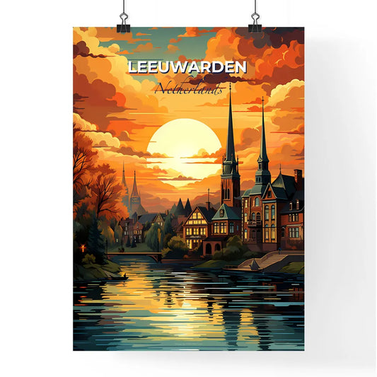 Leeuwarden, Netherlands, A Poster of a sunset over a river with a city and trees Default Title