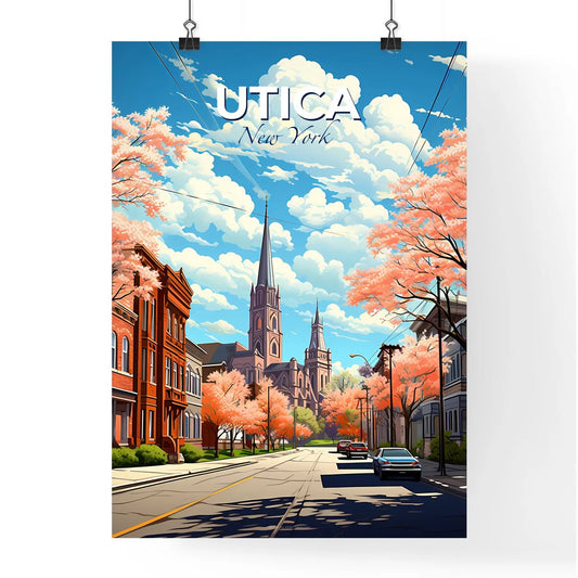 Utica, New York, A Poster of a street with cars and trees with pink flowers on the side Default Title