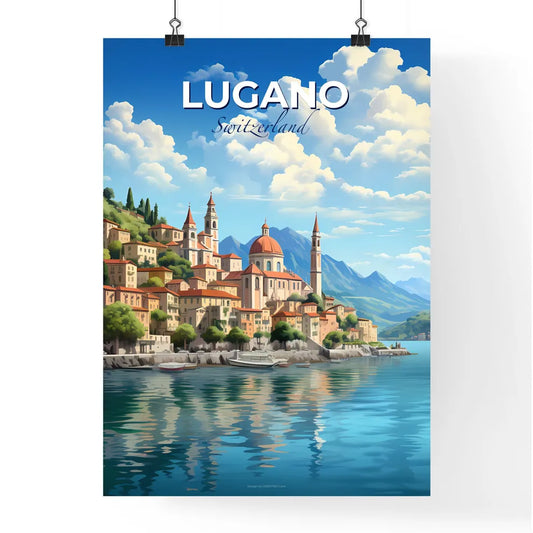 Lugano, Switzerland, A Poster of a city on a hill by water Default Title