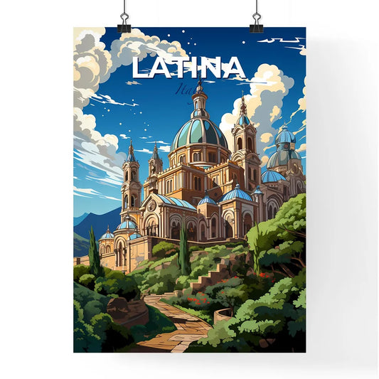 Latina, Italy, A Poster of a building with blue domes and a path on a hill Default Title
