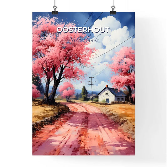 Oosterhout, Netherlands, A Poster of a road with pink trees and a house Default Title