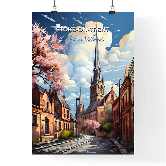 Stoke-On-Trent, West Midlands, A Poster of a street with a church tower and buildings Default Title