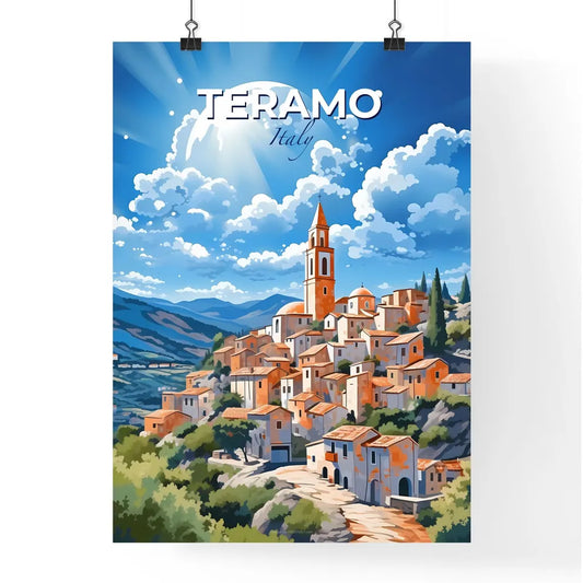 Teramo, Italy, A Poster of a painting of a town with a tower and trees Default Title