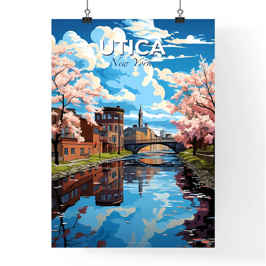Utica, New York, A Poster of a river with pink trees and buildings Default Title