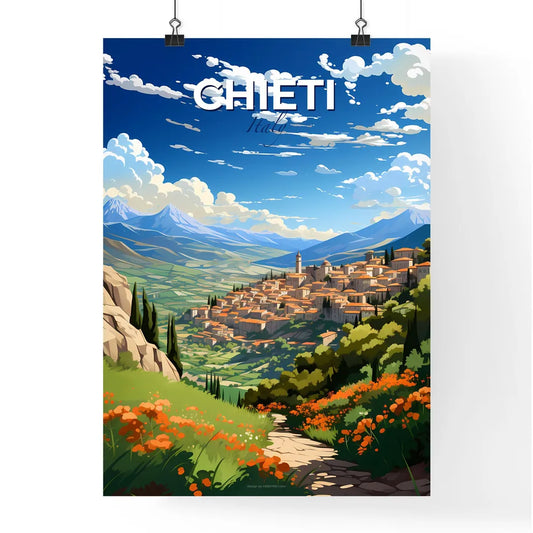Chieti, Italy, A Poster of a landscape of a town with mountains and flowers Default Title