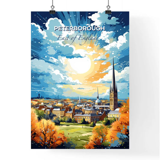 Peterborough, East of England, A Poster of a painting of a city with trees and a sunny sky Default Title