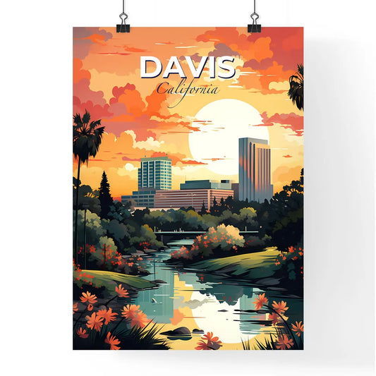 Davis, California, A Poster of a river with trees and flowers in front of a city Default Title