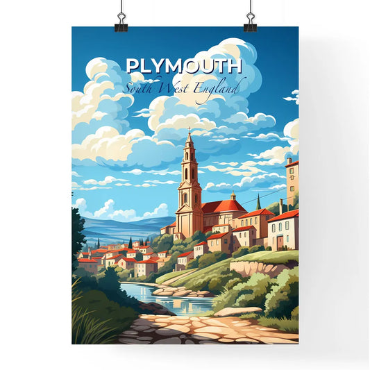Plymouth, South West England, A Poster of a landscape of a town with a river and a church Default Title