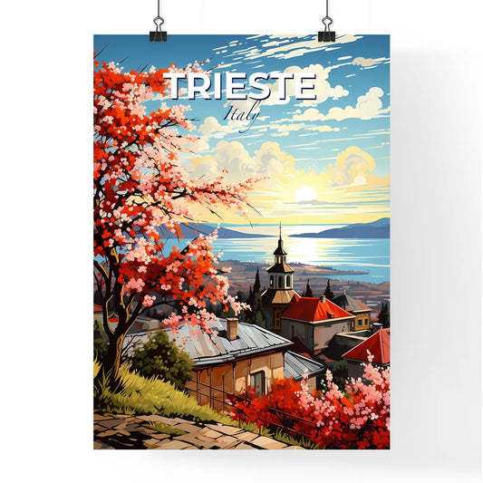 Trieste, Italy, A Poster of a painting of a town with a lake and mountains Default Title