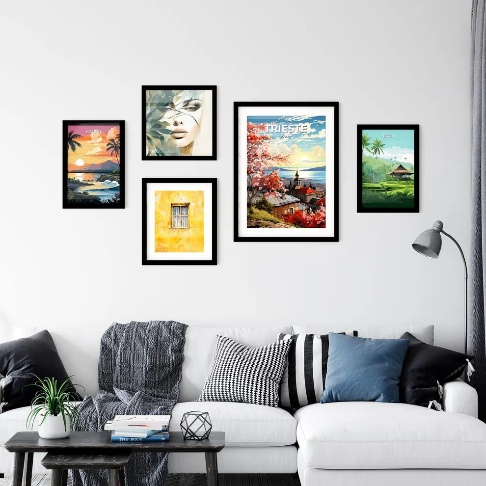 Trieste, Italy, A Poster of a painting of a town with a lake and mountains Default Title