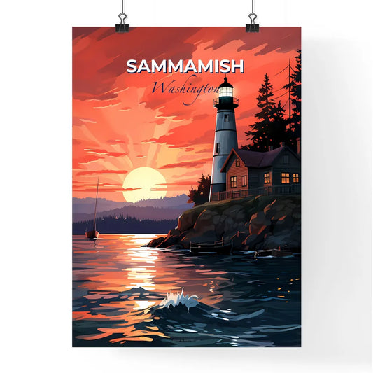 Sammamish, Washington, A Poster of a lighthouse on a rocky shore with a house and a boat in the distance Default Title