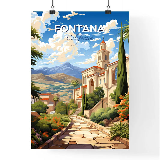 Fontana, California, A Poster of a stone path leading to a building with trees and mountains in the background Default Title