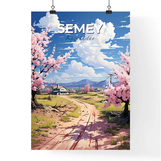Semey, Kazakhstan, A Poster of a dirt road with pink flowers on it and a house in the background Default Title