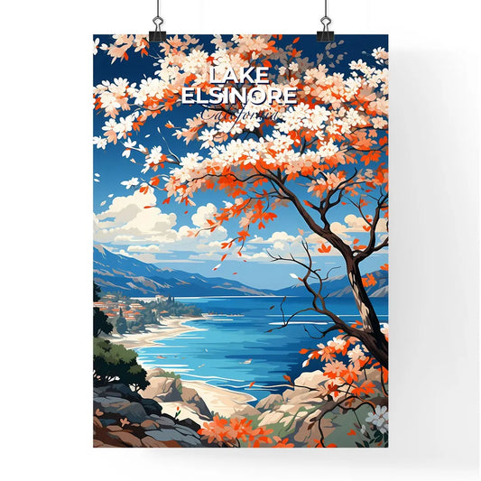 Lake Elsinore, California, A Poster of a tree with orange and white flowers on a rocky shore Default Title