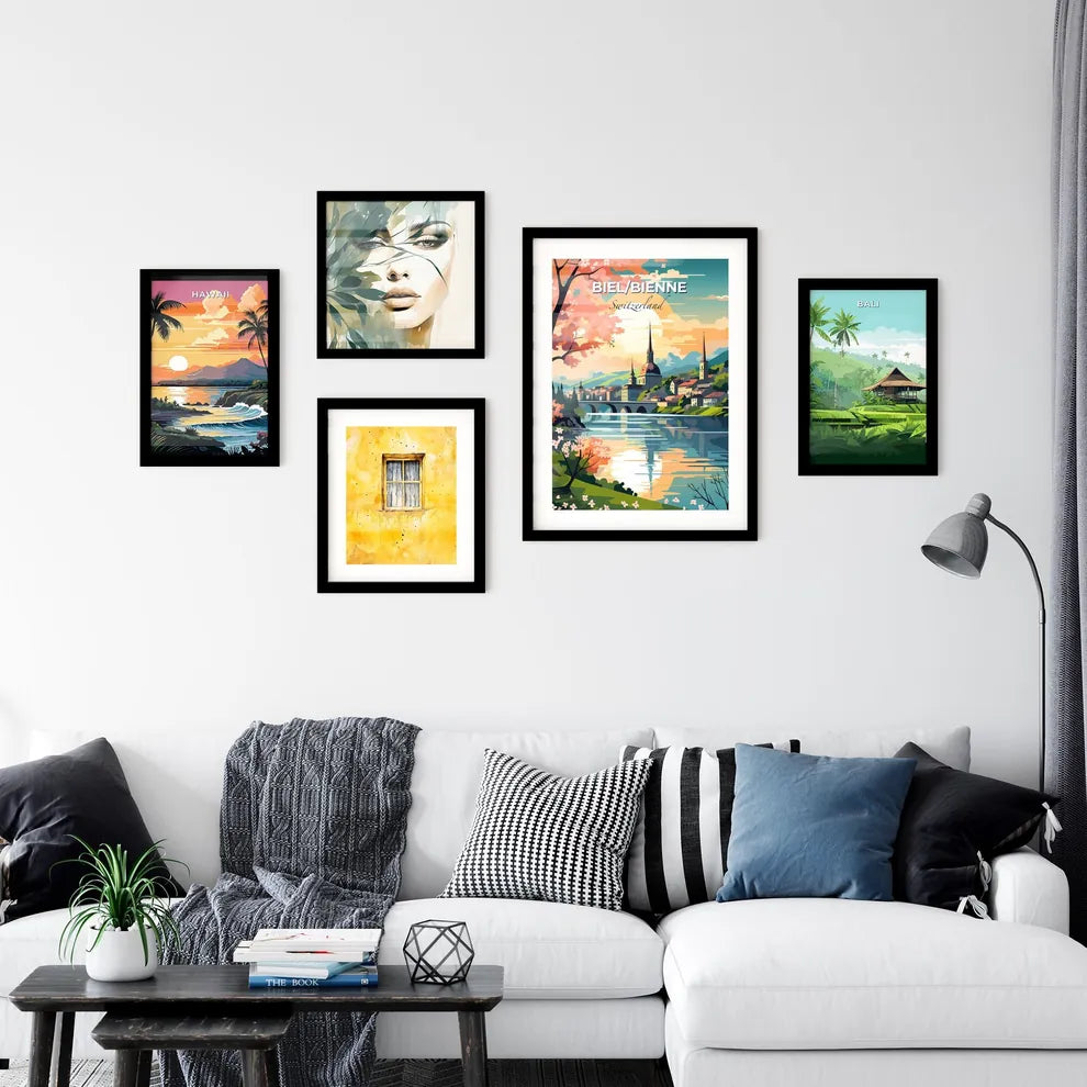 Biel/Bienne, Switzerland, A Poster of a painting of a town by a river Default Title