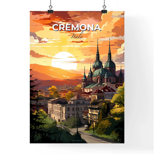 Cremona, Italy, A Poster of a building with towers and trees in front of a sunset Default Title