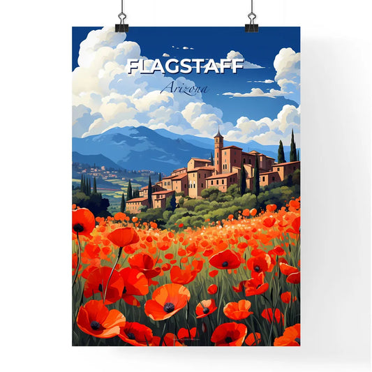 Flagstaff, Arizona, A Poster of a field of red flowers with buildings in the background Default Title