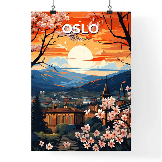 Oslo, Norway, A Poster of a painting of a city with trees and mountains Default Title