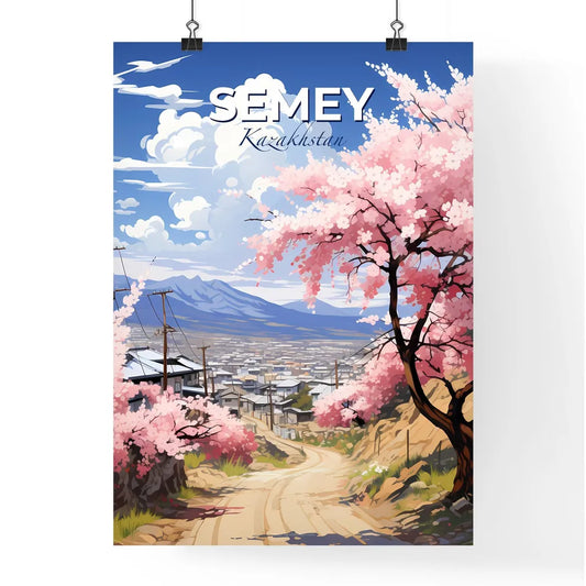 Semey, Kazakhstan, A Poster of a road with pink flowers on it Default Title