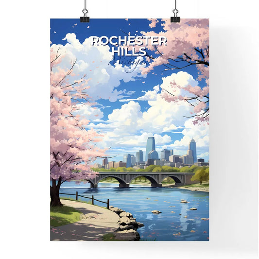 Rochester Hills, Michigan, A Poster of a bridge over a river with pink trees and a city in the background Default Title