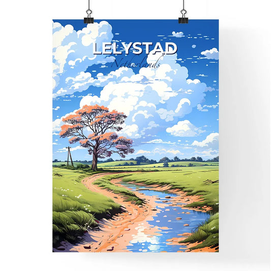 Lelystad, Netherlands, A Poster of a stream running through a grassy field with a tree and blue sky with clouds Default Title