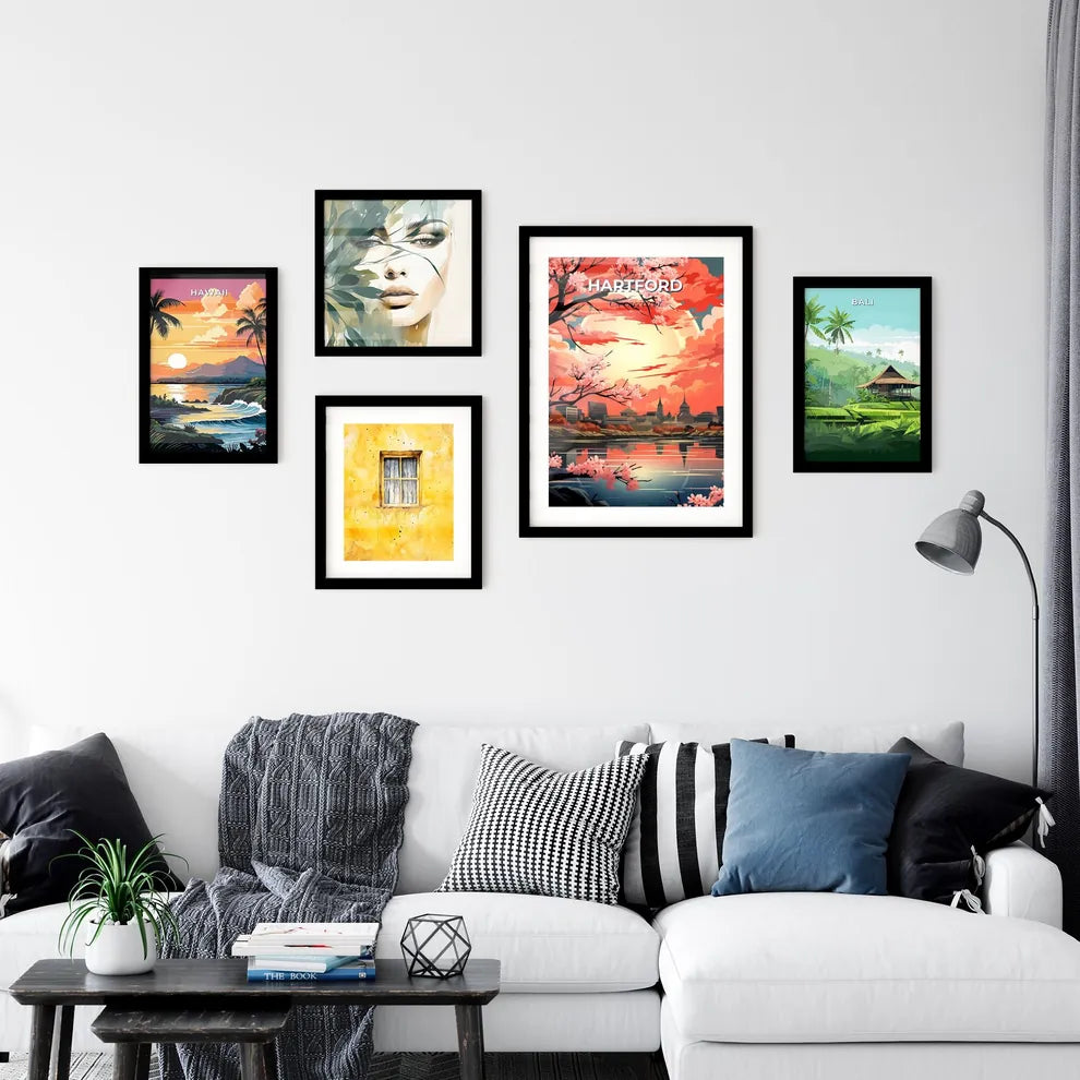 Hartford, Connecticut, A Poster of a painting of a city with a river and trees Default Title