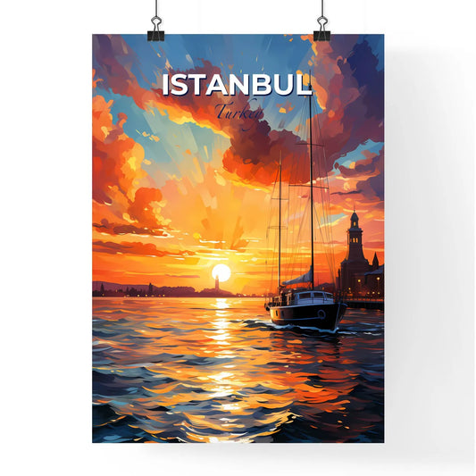 Istanbul, Turkey, A Poster of a painting of a boat in the water at sunset Default Title