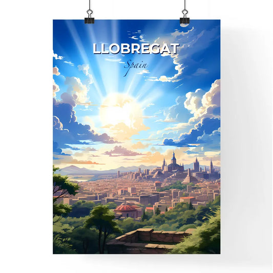 Llobregat, Spain, A Poster of a city with trees and sun shining through clouds Default Title