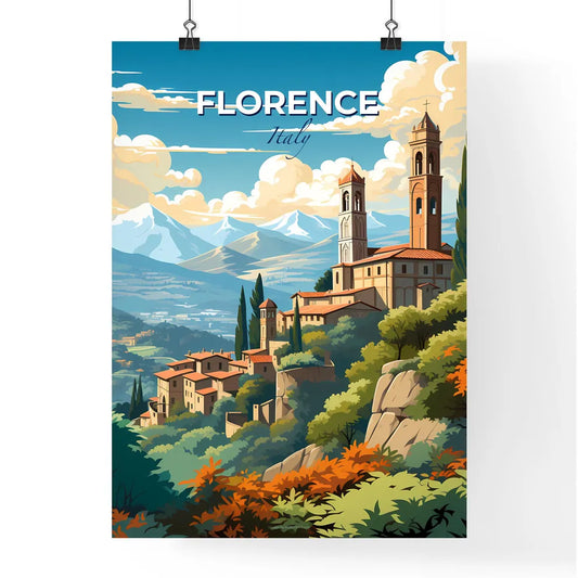 Florence, Italy, A Poster of a landscape of a town with a tower and trees Default Title