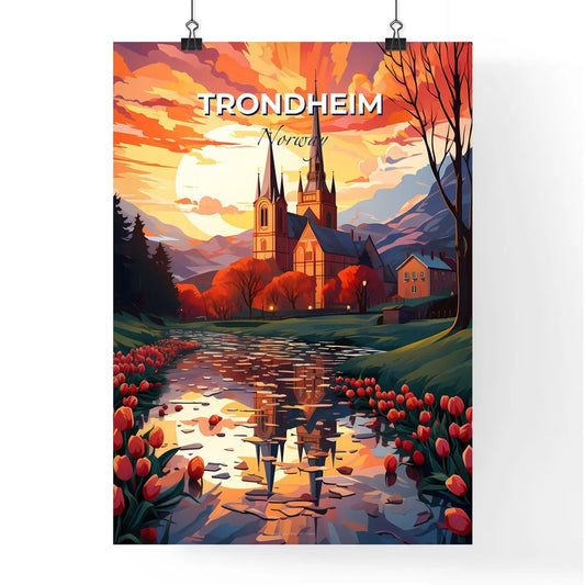 Trondheim, Norway, A Poster of a painting of a church with tulips by a river Default Title