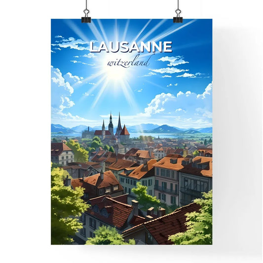 Lausanne, witzerland, A Poster of a city with buildings and trees and the sun Default Title