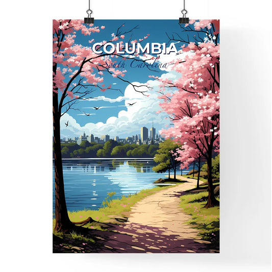 Columbia, South Carolina, A Poster of a path leading to a lake with pink trees and a city in the background Default Title
