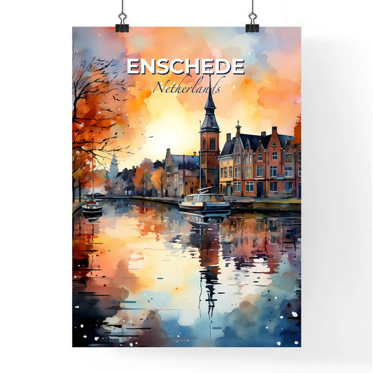Enschede, Netherlands, A Poster of a watercolor painting of a city with a boat on the water Default Title