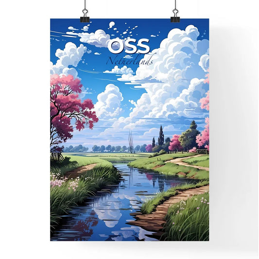 Oss, Netherlands, A Poster of a stream of water with pink flowers and trees Default Title