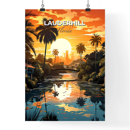 Lauderhill, Florida, A Poster of a sunset over a river with palm trees and a bridge Default Title