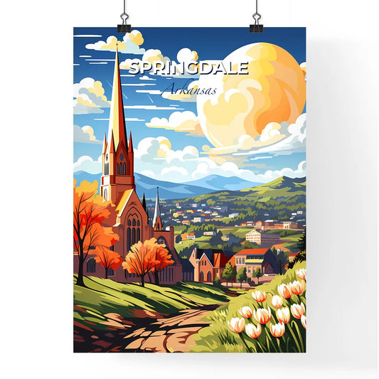 Springdale, Arkansas, A Poster of a church with a steeple and trees in front of a landscape Default Title