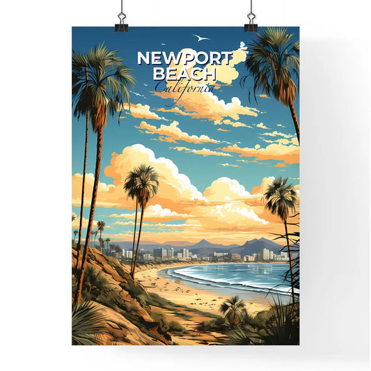 Newport Beach, California, A Poster of a beach with palm trees and a city in the distance Default Title