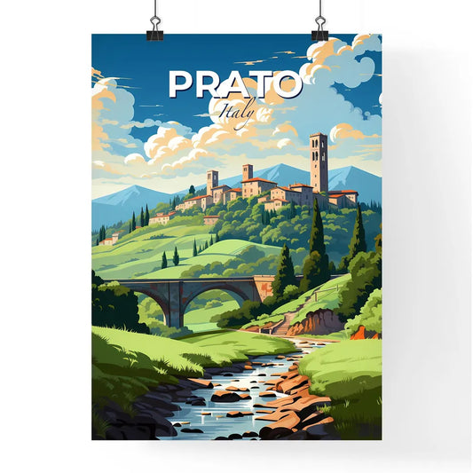 Prato, Italy, A Poster of a landscape with a bridge and a castle on a hill Default Title