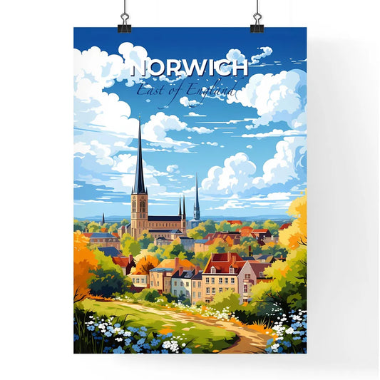 Norwich, East of England, A Poster of a painting of a town with a church and trees Default Title