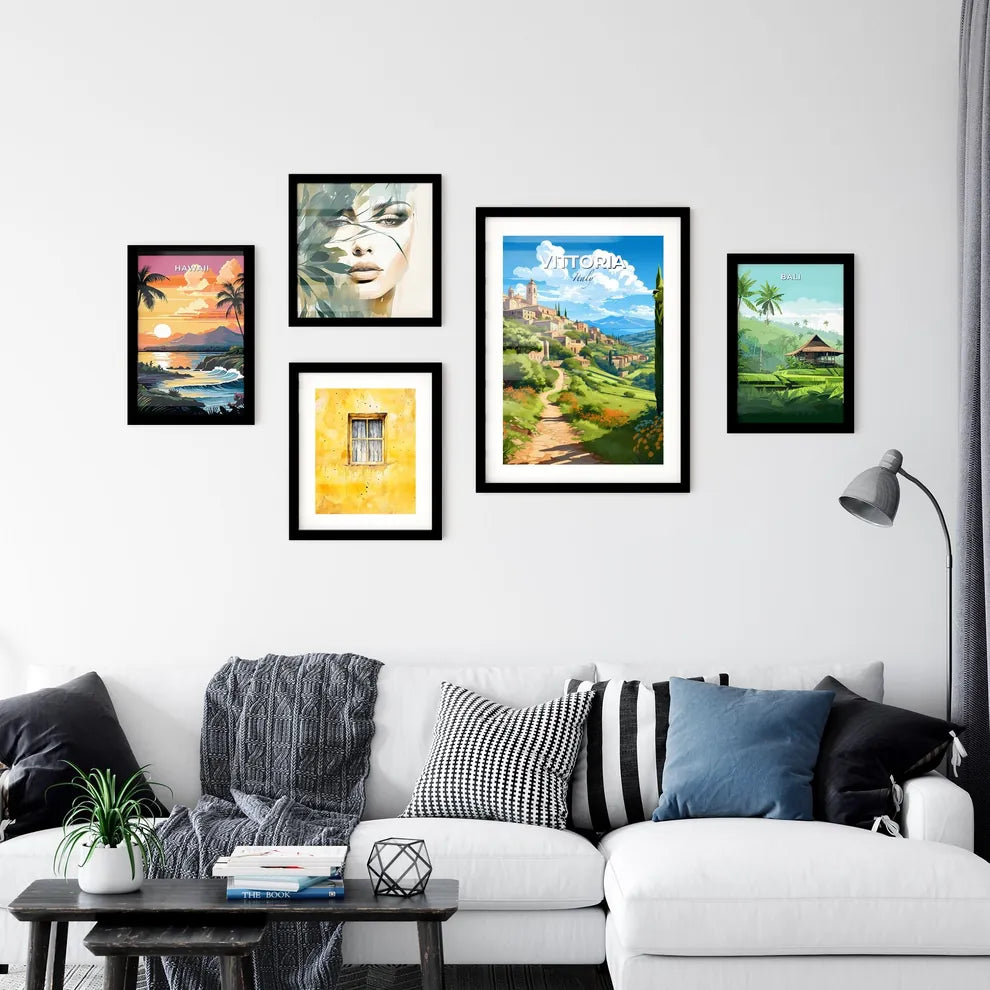 Vittoria, Italy, A Poster of a landscape with a path and a town on the hill Default Title