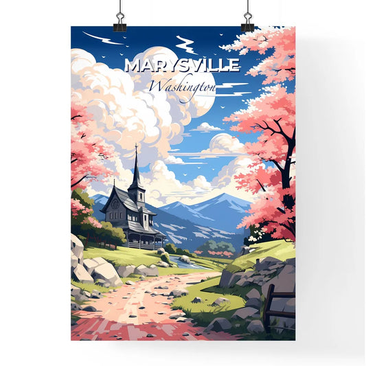 Marysville, Washington, A Poster of a house on a hill with pink trees and mountains Default Title
