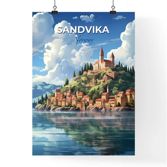 Sandvika, Norway, A Poster of a town on a hill with trees and mountains in the background Default Title