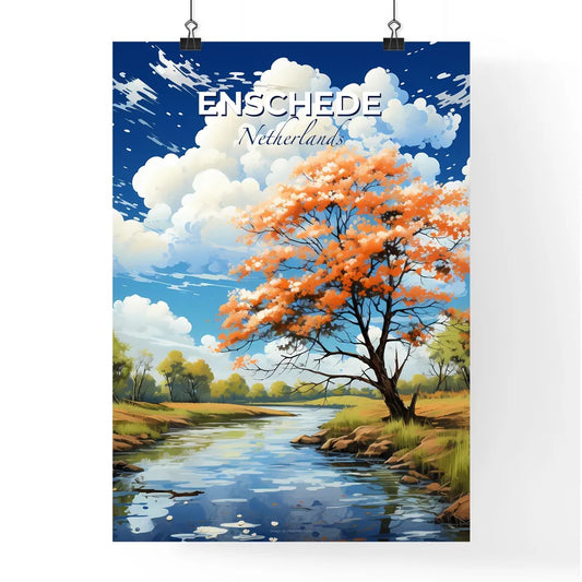 Enschede, Netherlands, A Poster of a river with a tree and grass and blue sky Default Title