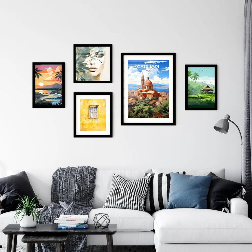 Cagliari, Italy, A Poster of a large building with towers and a body of water in the background Default Title