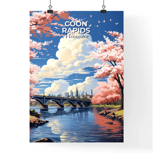 Coon Rapids, Minnesota, A Poster of a bridge over a river with pink trees and a city in the background Default Title
