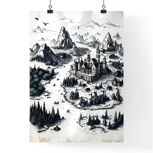 Fantasy Castle and Mountain Art: Painting of Monemvasia Town and Neuschwanstein Castle Poster