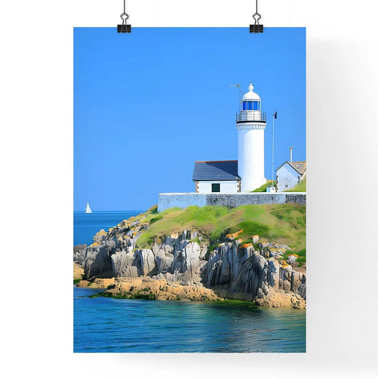Lighthouse, rocky coast, Loutre island, France, Guernsey, bretagne, blue sky, white building, photo realistic, wide angle, high resolution, art Poster