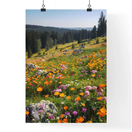 Vibrant Floral Meadow with Distant Forest Poster